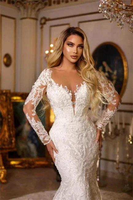 Elegant Long Mermaid V-neck Lace Wedding Dresses With Long Sleeves (ZD16518)