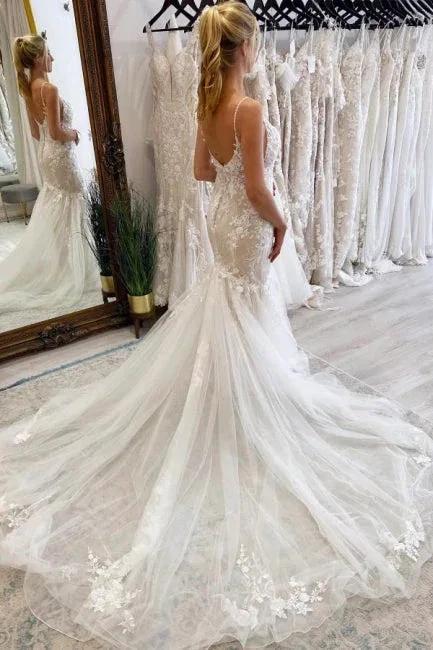 Elegant Long Mermaid V-neck Sleeveless Wedding Dresses With Lace (ZD16526)