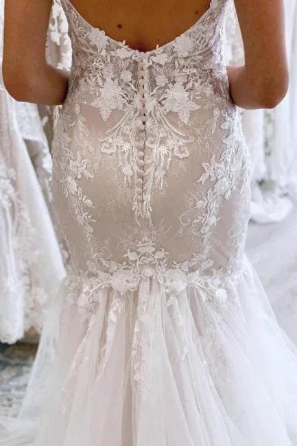 Elegant Long Mermaid V-neck Sleeveless Wedding Dresses With Lace (ZD16526)