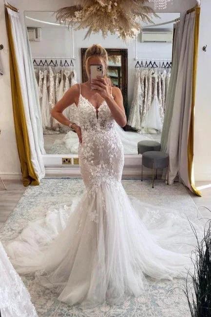 Elegant Long Mermaid V-neck Sleeveless Wedding Dresses With Lace (ZD16526)