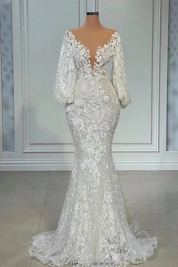 Elegant Long Mermaid V-neck Tulle Lace Wedding Dress with Sleeves (ZD16724)