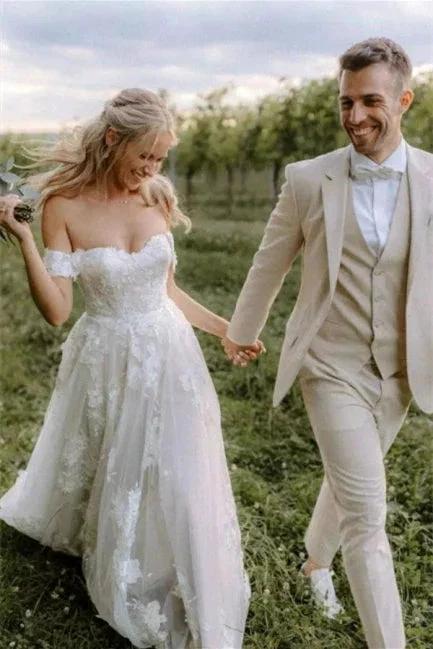 Elegant Long Off-the-Shoulder Tulle Floral Lace Wedding Dress (ZD14627)