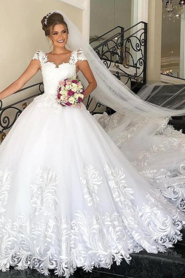 Elegant Long Princess Tulle Lace Wedding Dress with Cap Sleeves (ZD15025)
