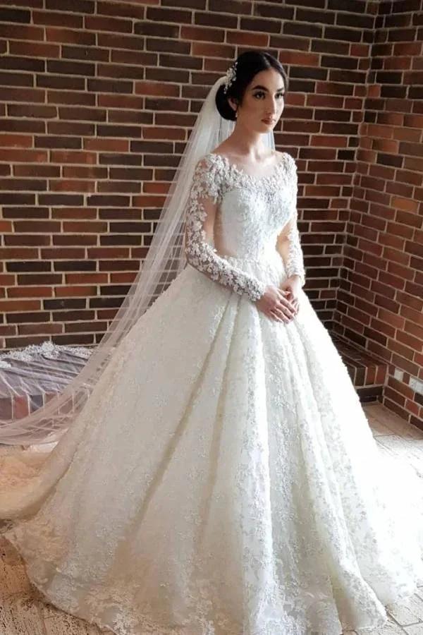 Elegant Long Princess Tulle Lace Wedding Dresses with Sleeves (ZD15040) - VelvetHem