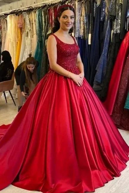 Elegant Long Red A-line Sleeveless Satin Weeding Dress With Lace (ZD14497)