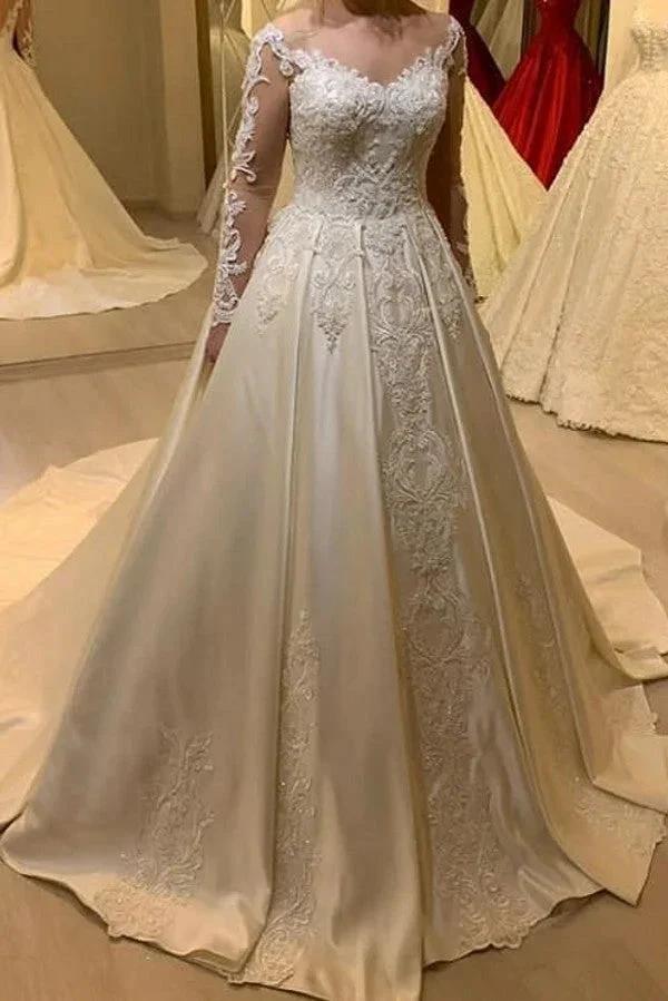 Elegant Long Sleeve A-Line Sweetheart Appliques Lace Pearl Satin Wedding Dress (ZD15129)