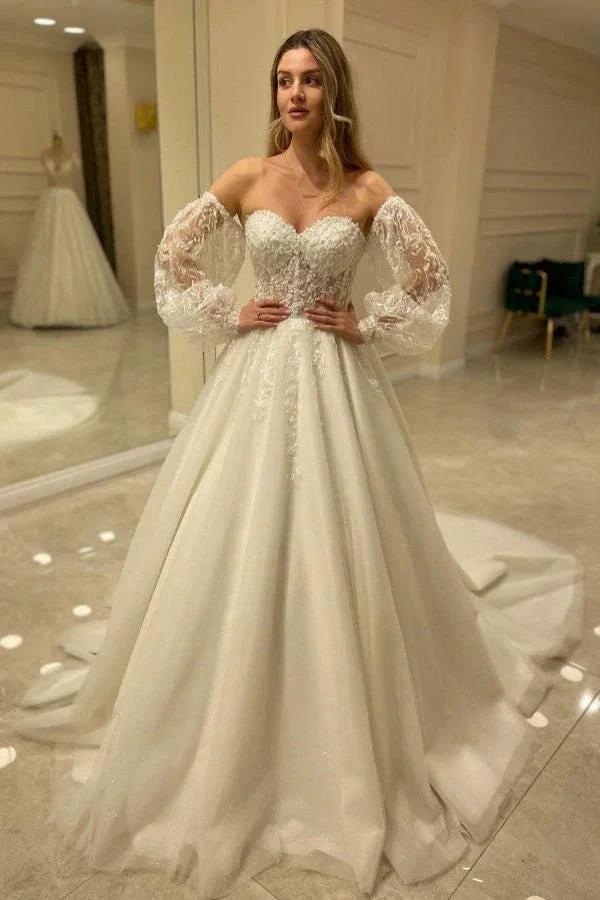 Elegant Long Sleeve A-Line Sweetheart Backless Appliques Lace Wedding Dress (ZD14290)