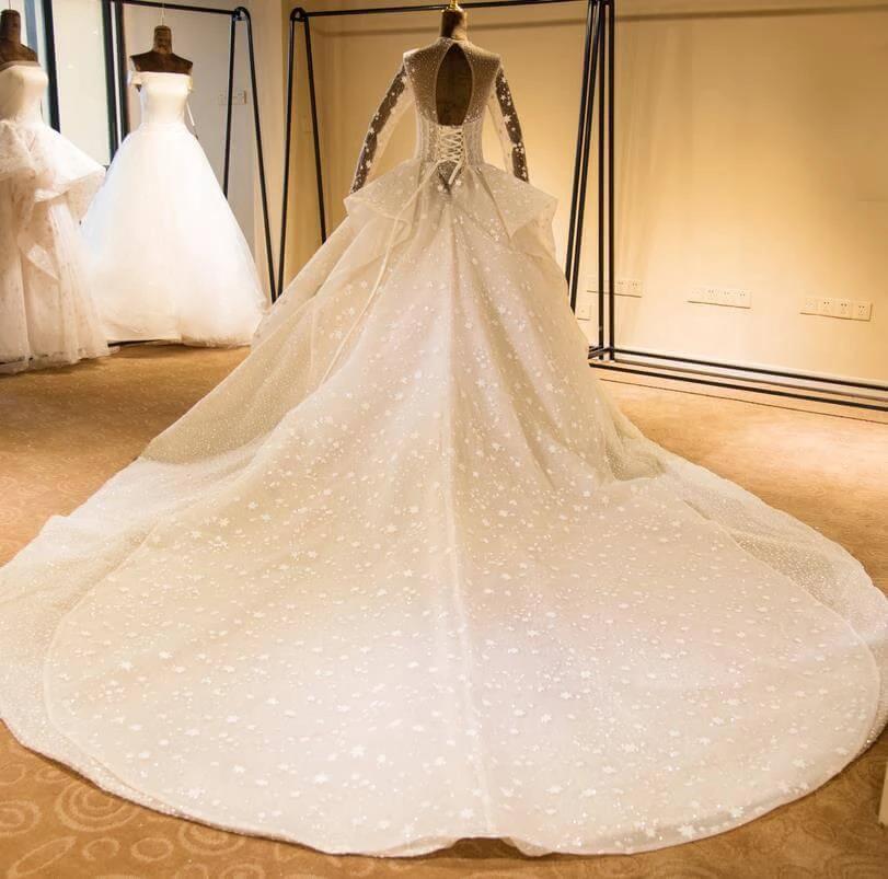 Elegant Long Sleeve Beading Lace-up Tulle Ball Gowns Sparkle Wedding Dress (ZD13902) - View 2 | VelvetHem