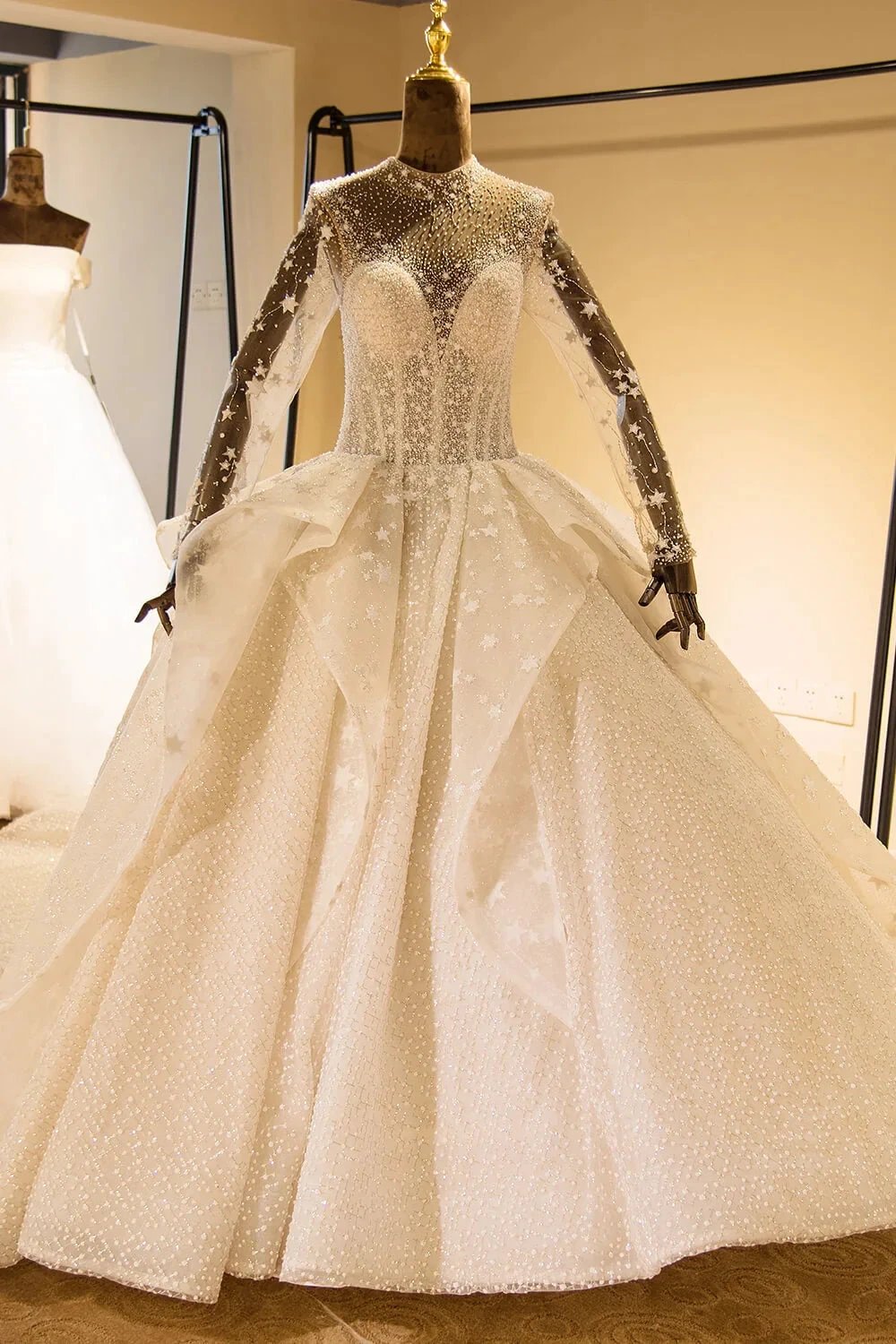 Elegant Long Sleeve Beading Lace-up Tulle Ball Gowns Sparkle Wedding Dress by misshow.com