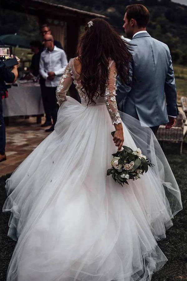 Elegant Long Sleeves Tulle Wedding Dresses Bridal Gowns With Lace Applique (ZD15348)