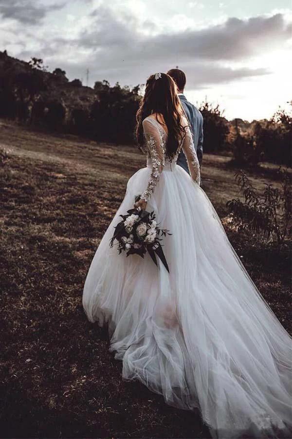 Elegant Long Sleeves Tulle Wedding Dresses Bridal Gowns With Lace Applique (ZD15348)