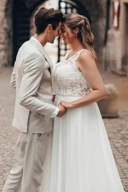 Elegant Long White A-line Lace Chiffon Sleeveless Backless Wedding Dress (ZD16620)