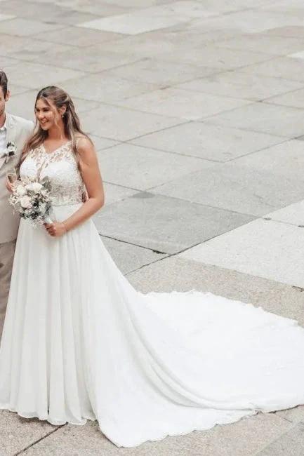 Elegant Long White A-line Lace Chiffon Sleeveless Backless Wedding Dress (ZD16620)