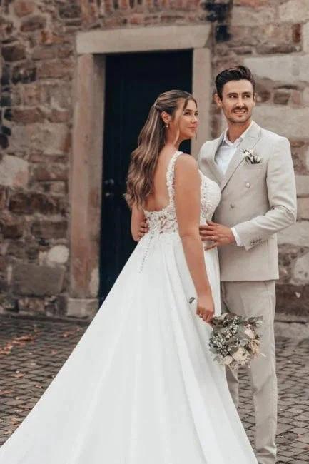 Elegant Long White A-line Lace Chiffon Sleeveless Backless Wedding Dress (ZD16620)