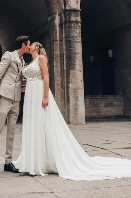 Elegant Long White A-line Lace Chiffon Sleeveless Backless Wedding Dress (ZD16620)