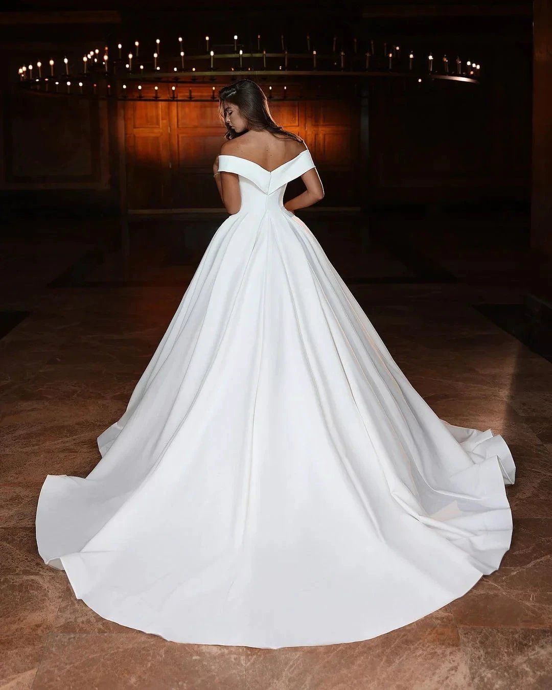 Elegant Long White A-line Off-the-shoulder V-neck Satin Wedding Dress (ZD15674)