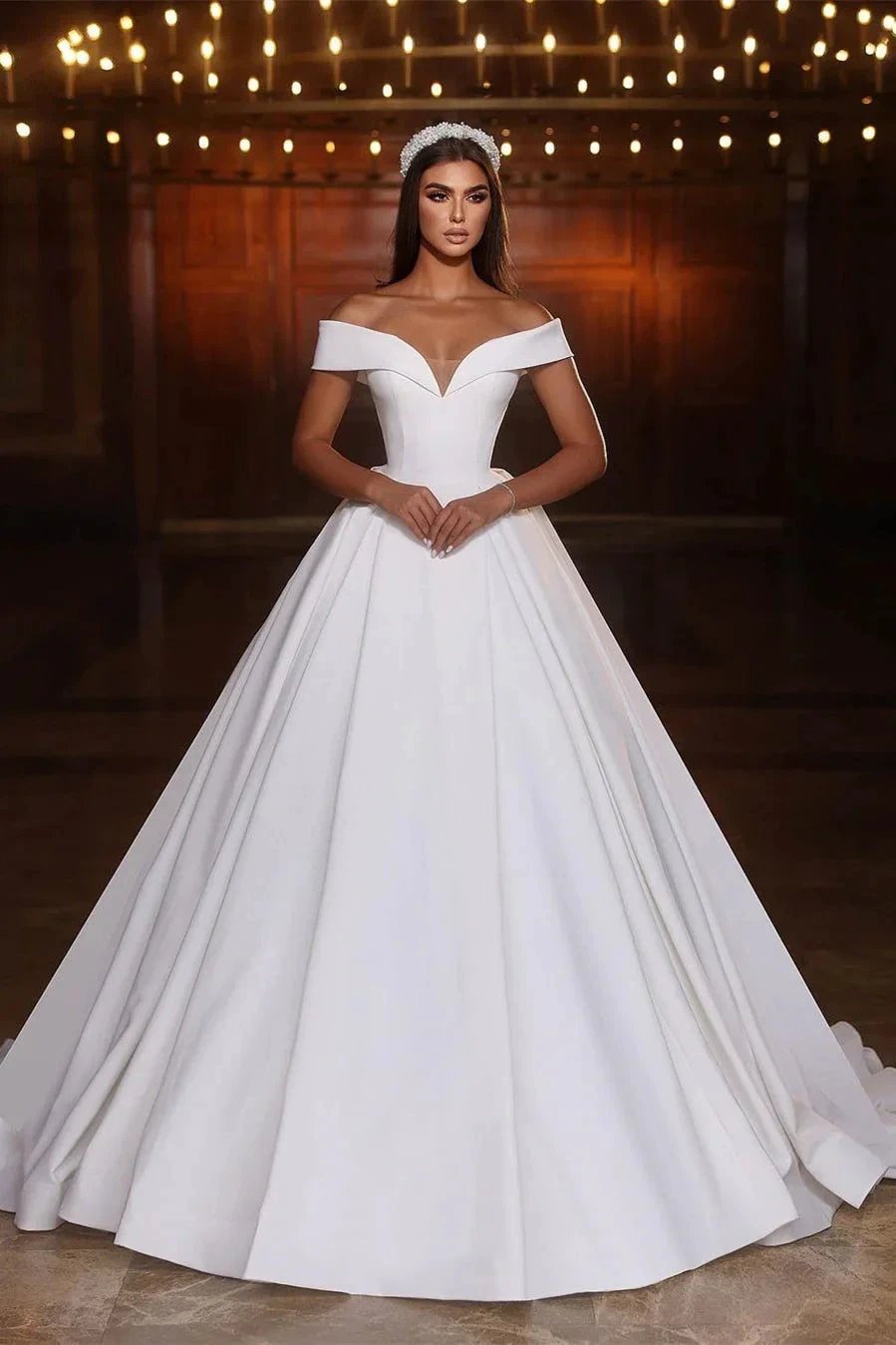 Elegant Long White A-line Off-the-shoulder V-neck Satin Wedding Dress (ZD15674)
