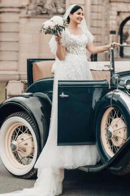 Elegant Long White A-line Square Neck Tulle Lace Wedding Dress with Short Sleeves (ZD16628)