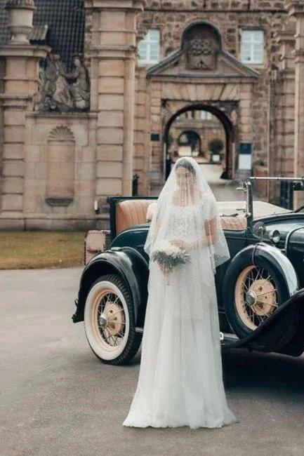 Elegant Long White A-line Square Neck Tulle Lace Wedding Dress with Short Sleeves (ZD16628) - View 5 | VelvetHem