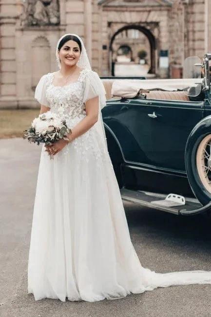 Elegant Long White A-line Square Neck Tulle Lace Wedding Dress with Short Sleeves (ZD16628)