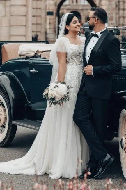 Elegant Long White A-line Square Neck Tulle Lace Wedding Dress with Short Sleeves (ZD16628)