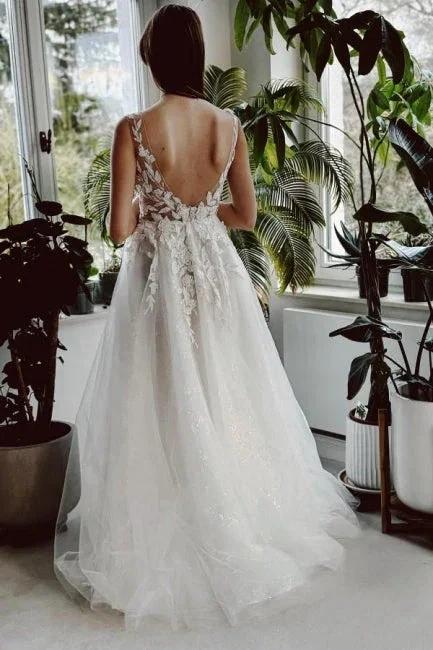 Elegant Long White A-line V-neck Lace Glitter Backless Wedding Dress with Slit (ZD15564)