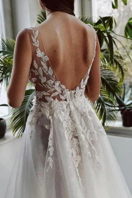 Elegant Long White A-line V-neck Lace Glitter Backless Wedding Dress with Slit (ZD15564)