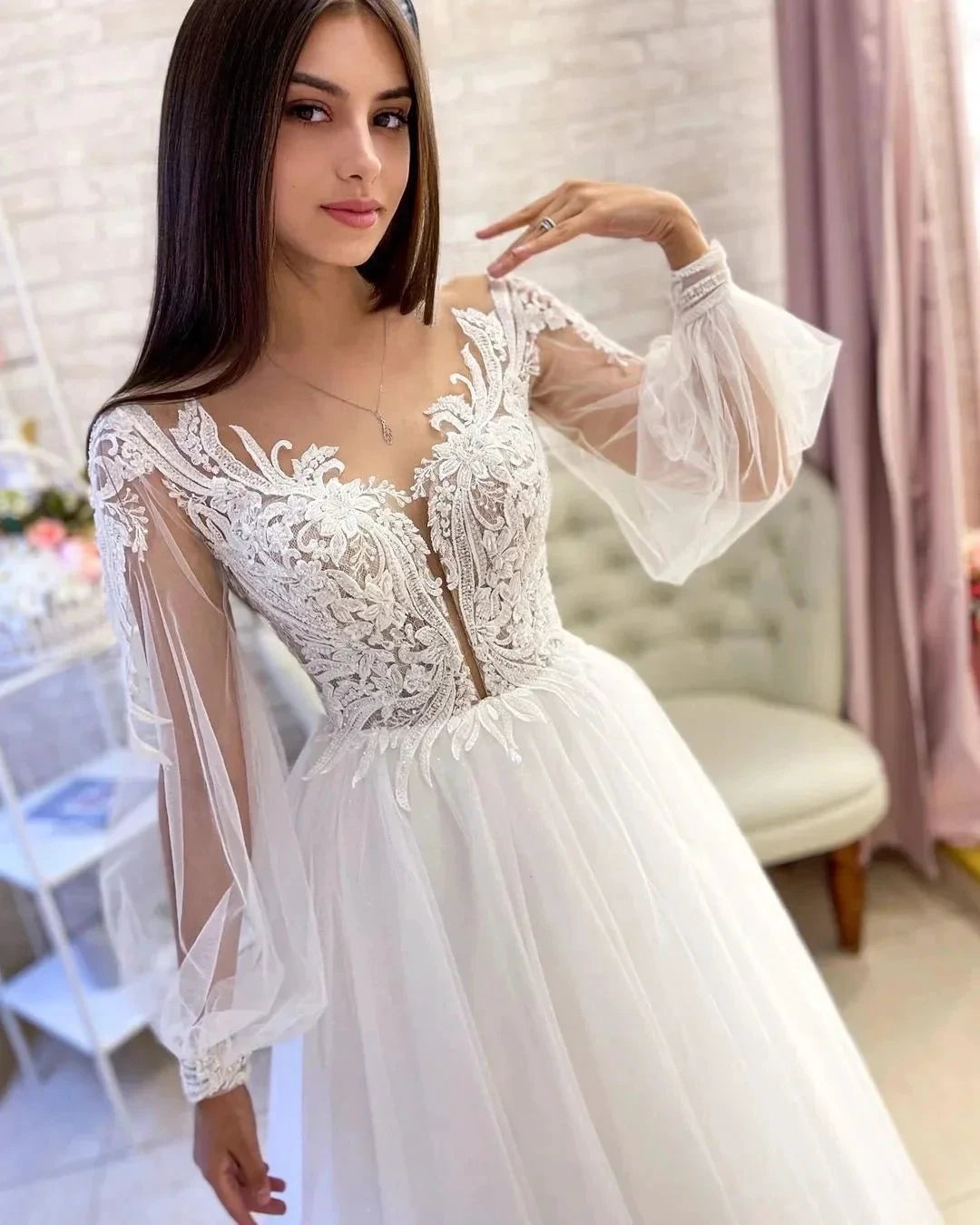 Elegant Long White A-line V-neck Tulle Long Sleeves Wedding Dress With Lace (ZD14811)