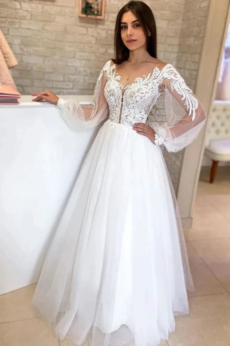 Elegant Long White A-line V-neck Tulle Long Sleeves Wedding Dress With Lace (ZD14811)