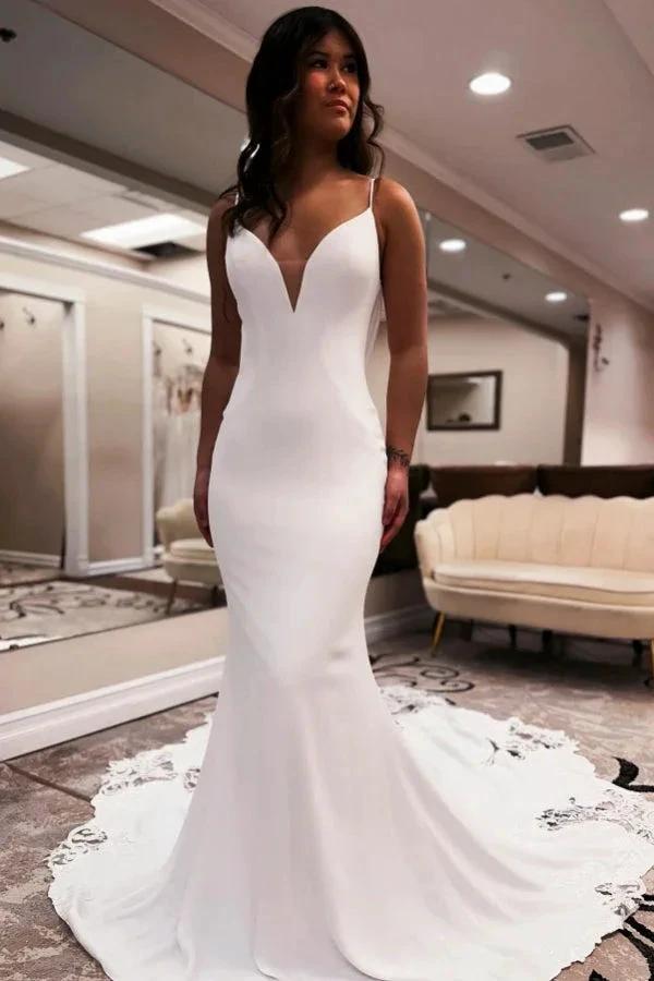 Elegant Long White Mermaid V-neck Spaghetti Straps Backless Wedding Dress with Lace (ZD15508)