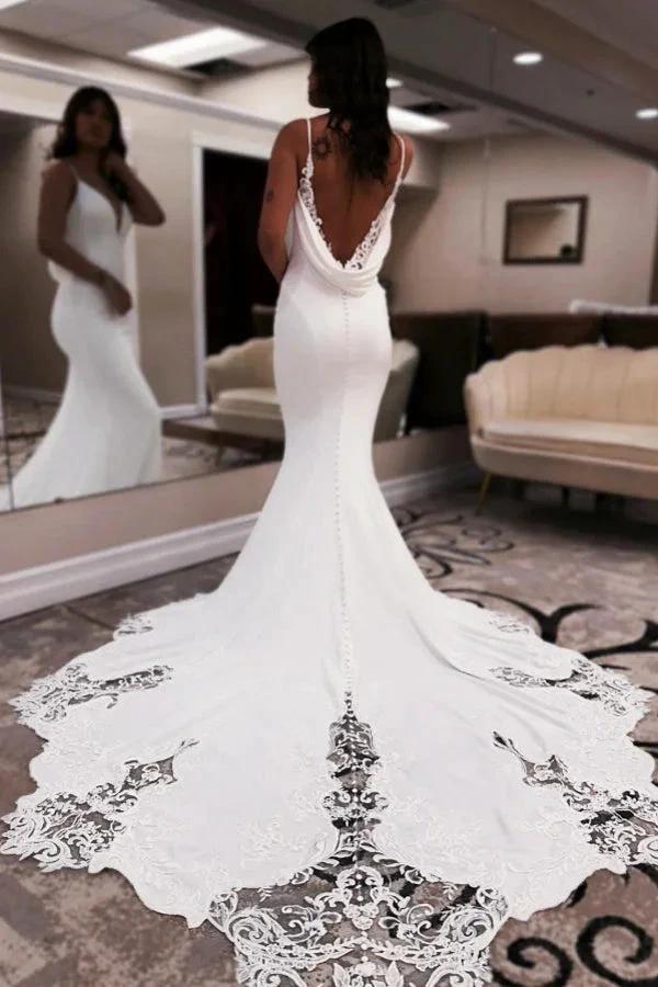 Elegant Long White Mermaid V-neck Spaghetti Straps Backless Wedding Dress with Lace (ZD15508) - View 4 | VelvetHem