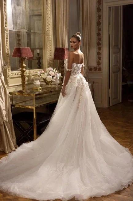Elegant Long White Off-the-shoulder A-line Lace Wedding Dresses With Slit (ZD14897)