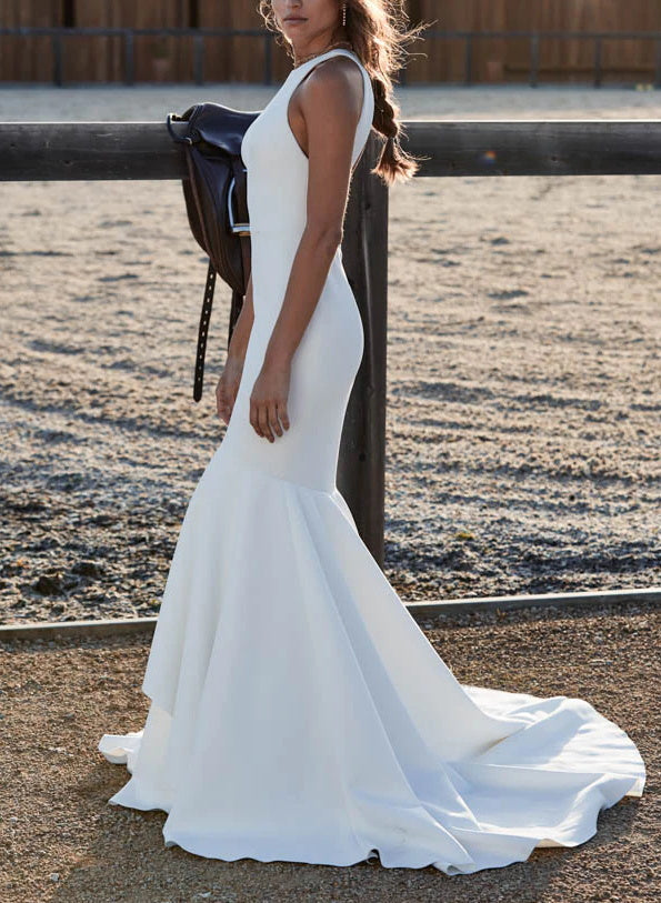 Elegant Mermaid Fitted Back Hole Wedding Dresses in Elastic Satin