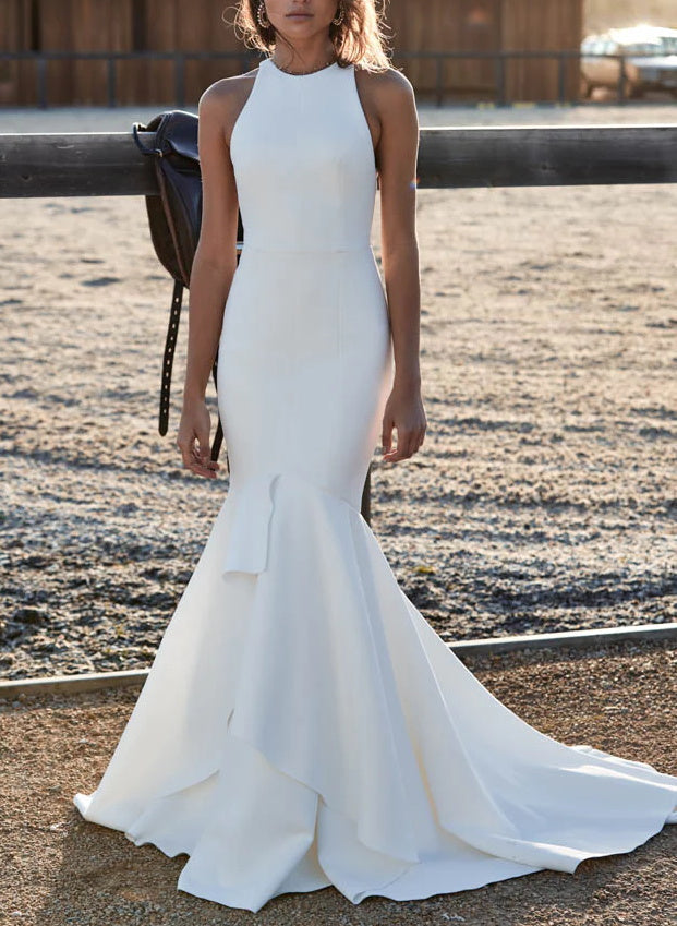 Elegant Mermaid Fitted Back Hole Wedding Dresses in Elastic Satin