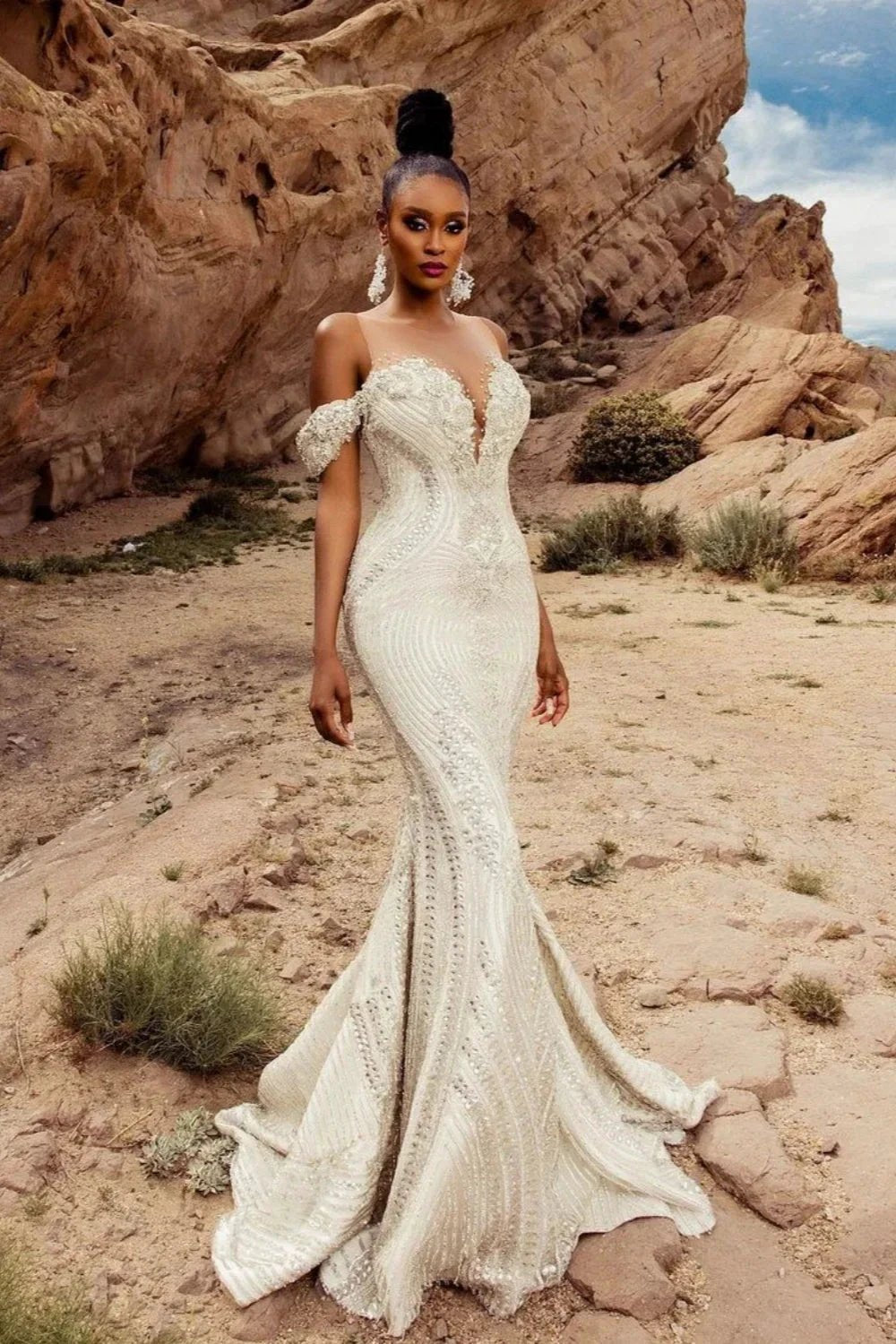 Elegant Mermaid Lace Off-The-Shoulder Sleeveless White Wedding Dresses With Beading (ZD15532)