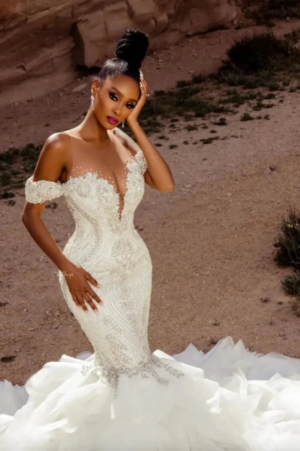Elegant Mermaid Lace Off-The-Shoulder Sleeveless White Wedding Dresses With Beading (ZD15532)