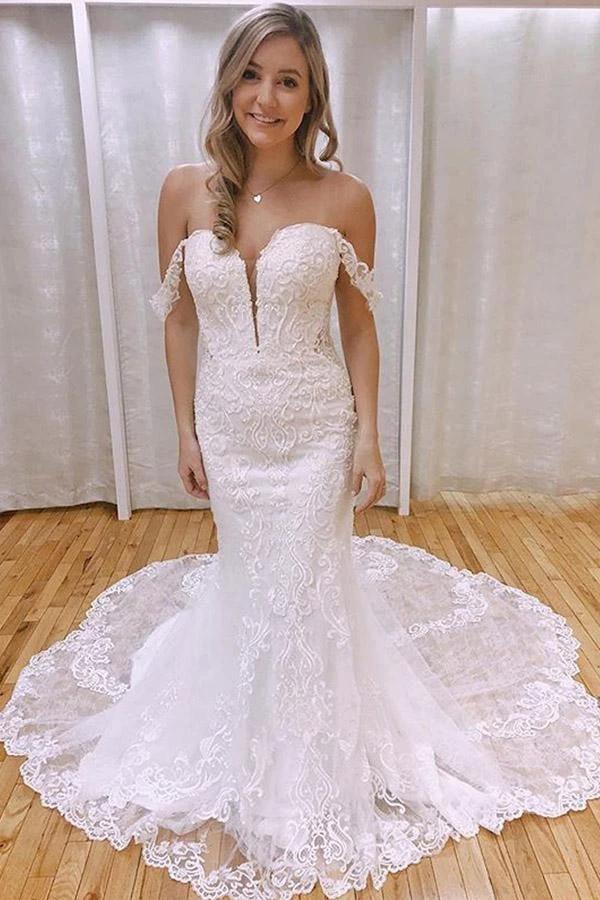 Elegant Mermaid Off the Shoulder Lace Wedding Dresses with Appliques (ZD16268)