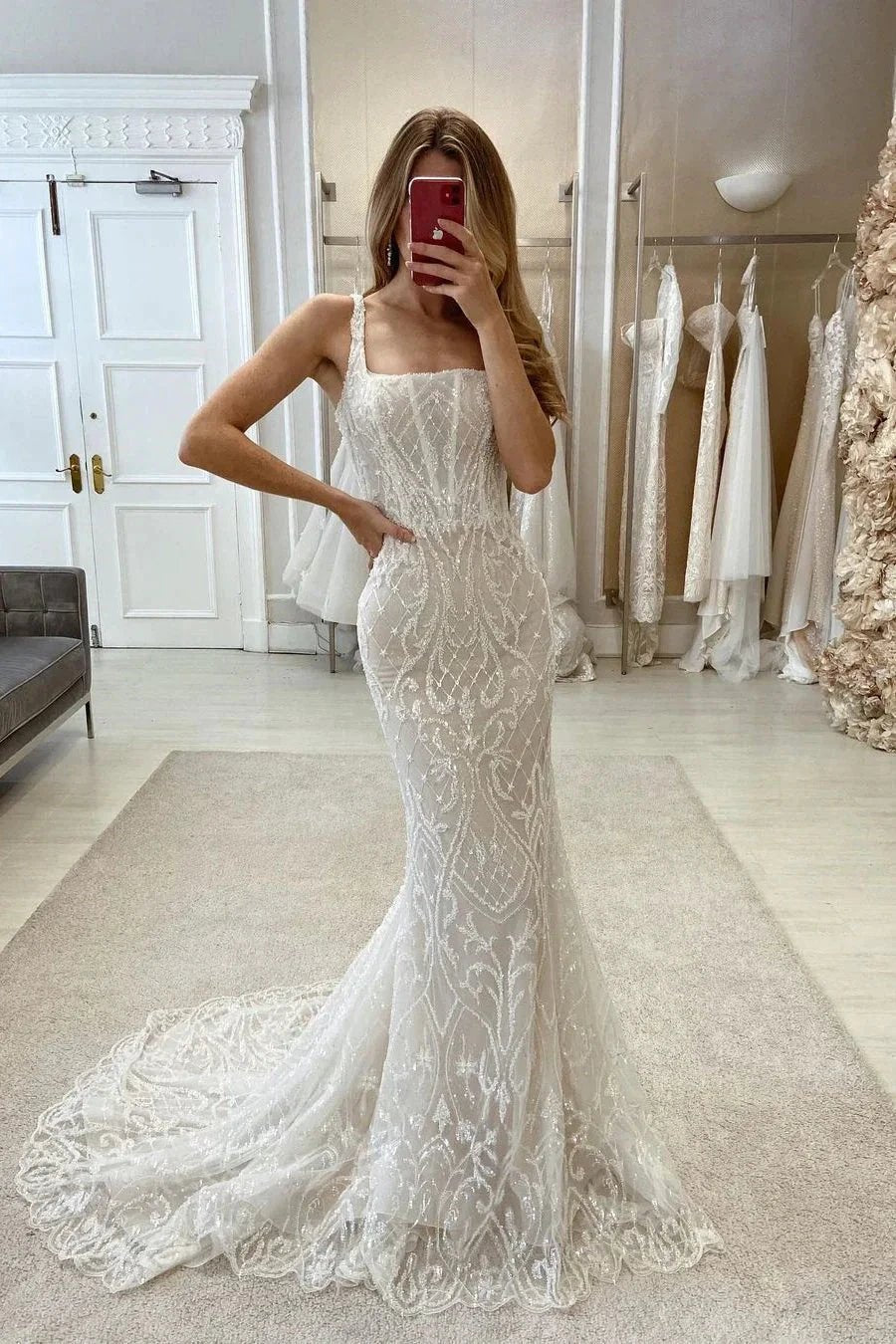 Elegant Mermaid Straps Sleeveless Lace Wedding Dress With Train (ZD16538)