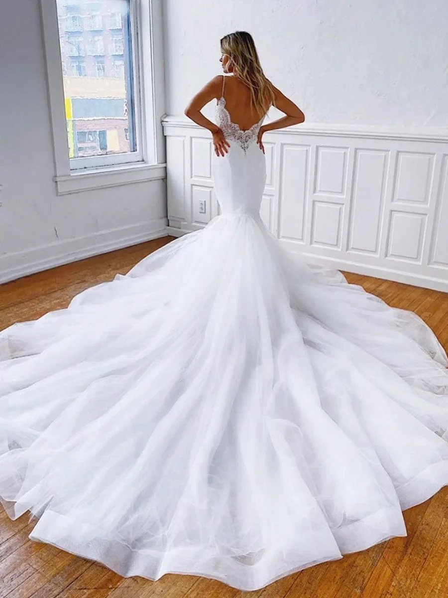 Elegant Mermaid V Neck Backless Lace White Long Wedding Dresses (ZD16736)