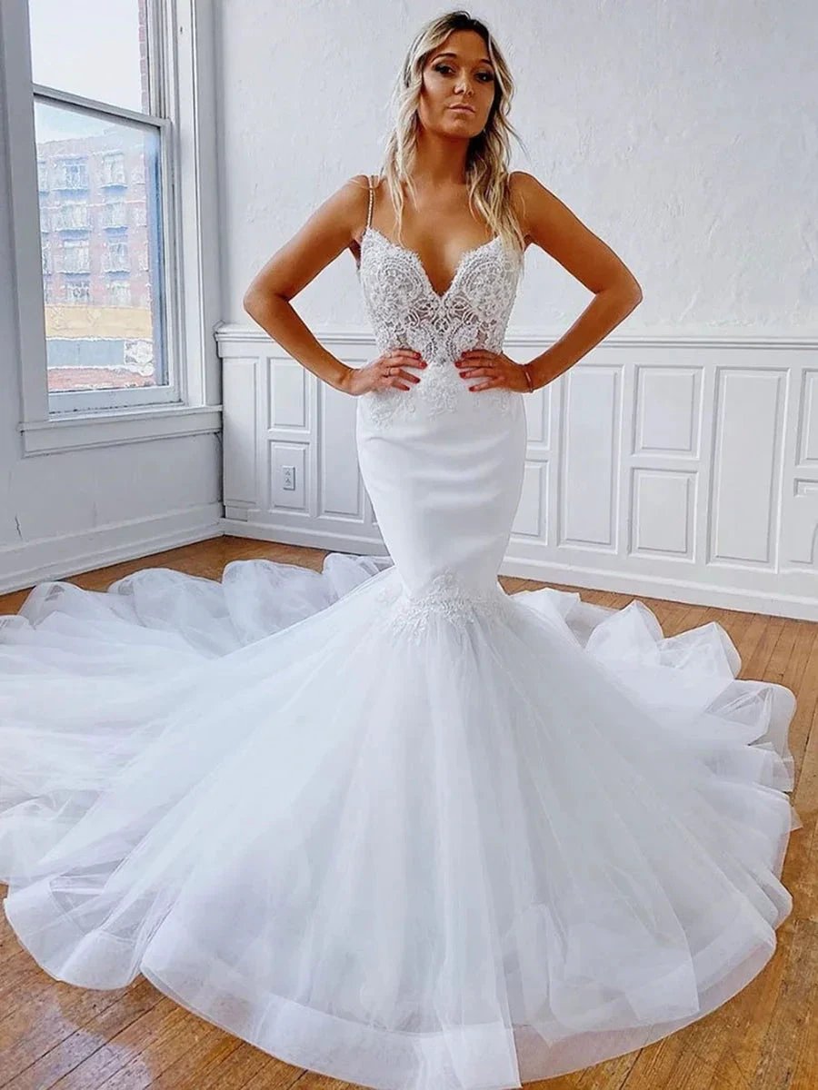 Elegant Mermaid V Neck Backless Lace White Long Wedding Dresses (ZD16736)