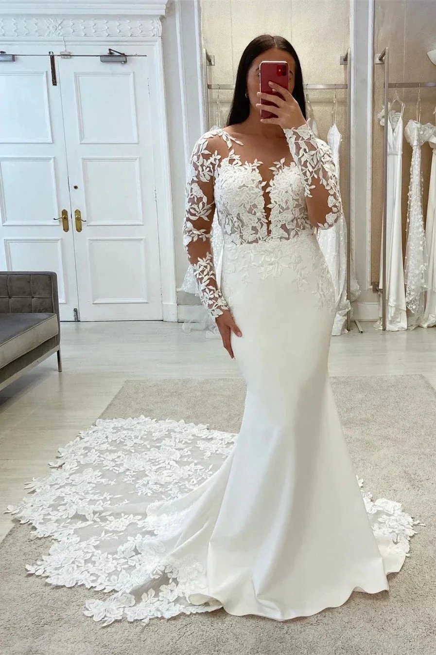Elegant Mermaid V-neck Long Sleeves Lace Wedding Dress With Train (ZD14576)