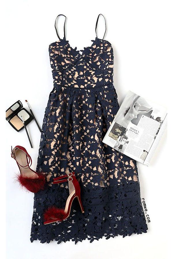 Elegant Navy Blue Lace Ankle-length Homecoming Dress
