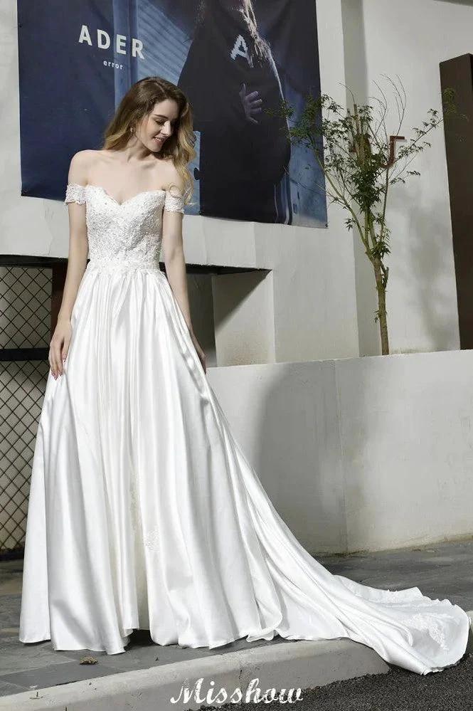 Elegant Off Shoulder Satin Floor Length Bridal Gown Sweetheart Floral Lace Aline Wedding Dress (ZD13962)