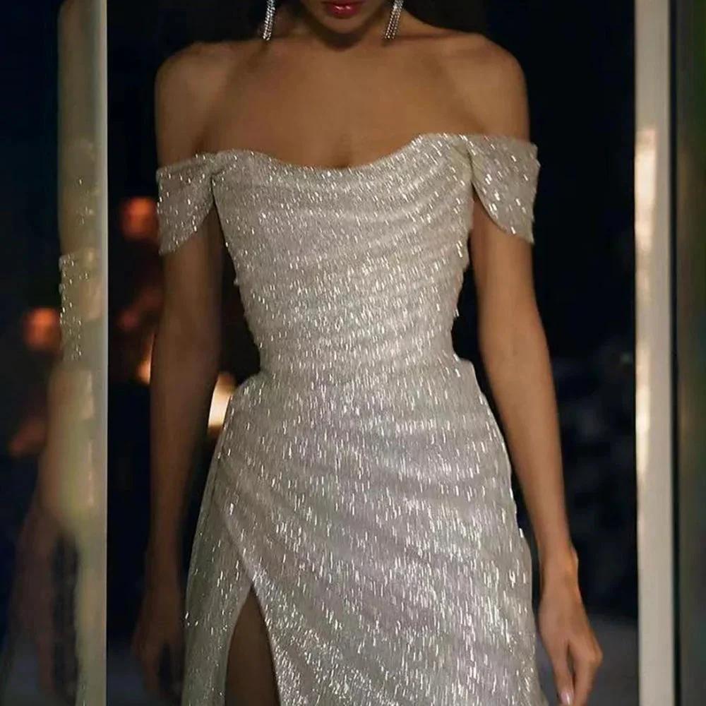 Elegant Off-the-shoulder Sleeveless A-line Sequined Wedding Dress With Slit (ZD16448)