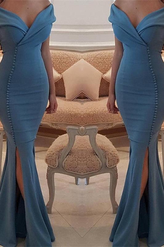 Elegant Off-the-Shoulder Slit Mermaid Buttons Evening Dress Long
