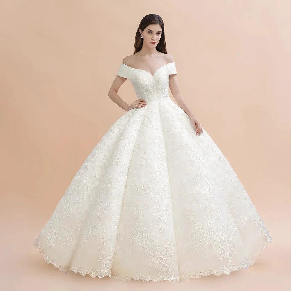 Elegant Off-the-Shoulder White Lace Appliques Bridal Gowns Wedding Dress (ZD14771)
