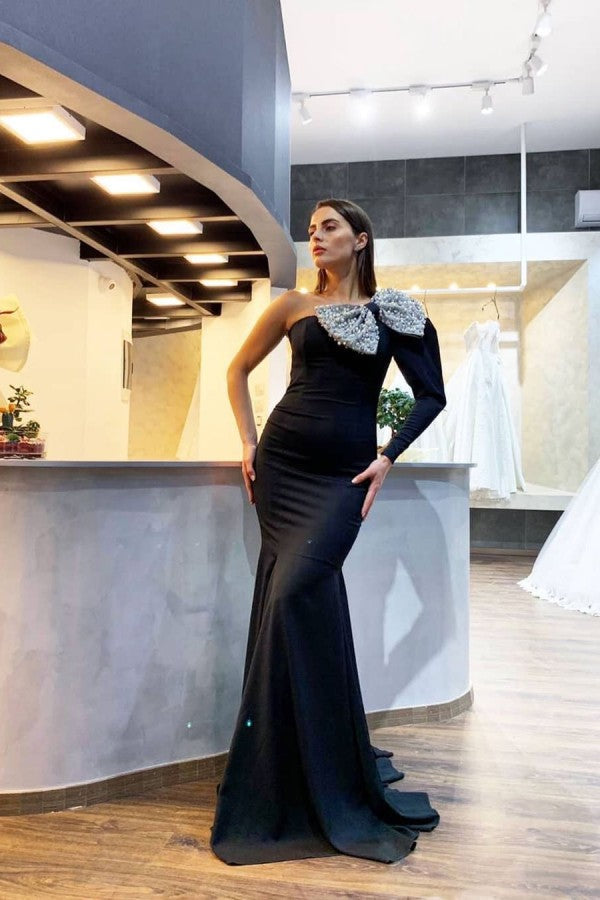 Elegant One-Shoulder Black Sequined Bow Evening Dresses