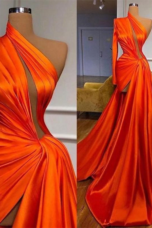 Elegant One-Shoulder Long Sleeves Prom Dress With Split Front