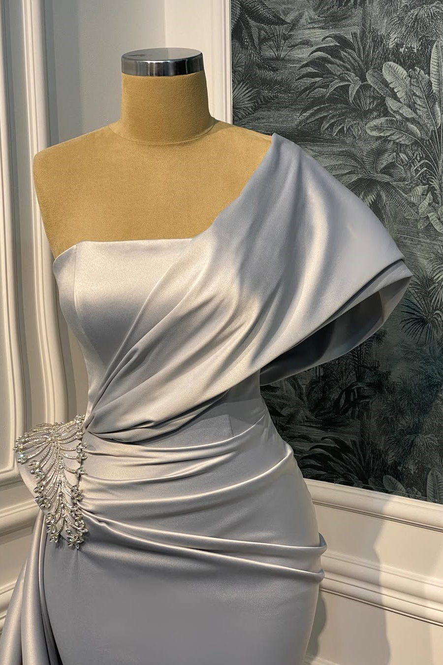 Elegant One Shoulder Satin Mermaid Prom Dresses Sheath Gem With Pleats Ruffles
