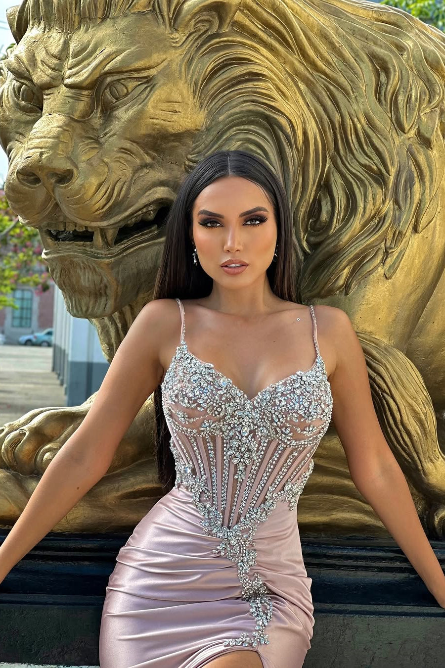 Elegant Pink V-Neck Spaghetti-Straps Sleeveless Satin Prom Dresses Mermaid Gem With High Split